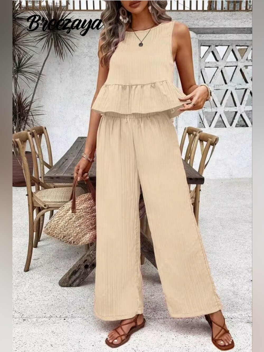 Tan 2 Piece Sleeveless Wide-Leg Pleated Jumpsuit in Beige Size Xl /12 Nwot